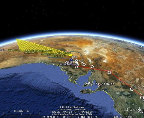 はやぶさ落下軌道（黄色）とNASAの観測機(DC8)の軌跡